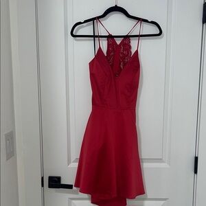 B Darlin Red Asymmetrical Dress with Lace Detail